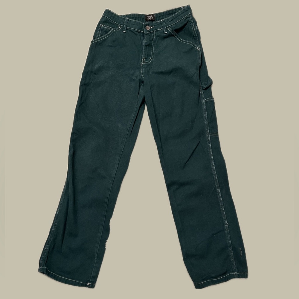 forest green pants with white seams
